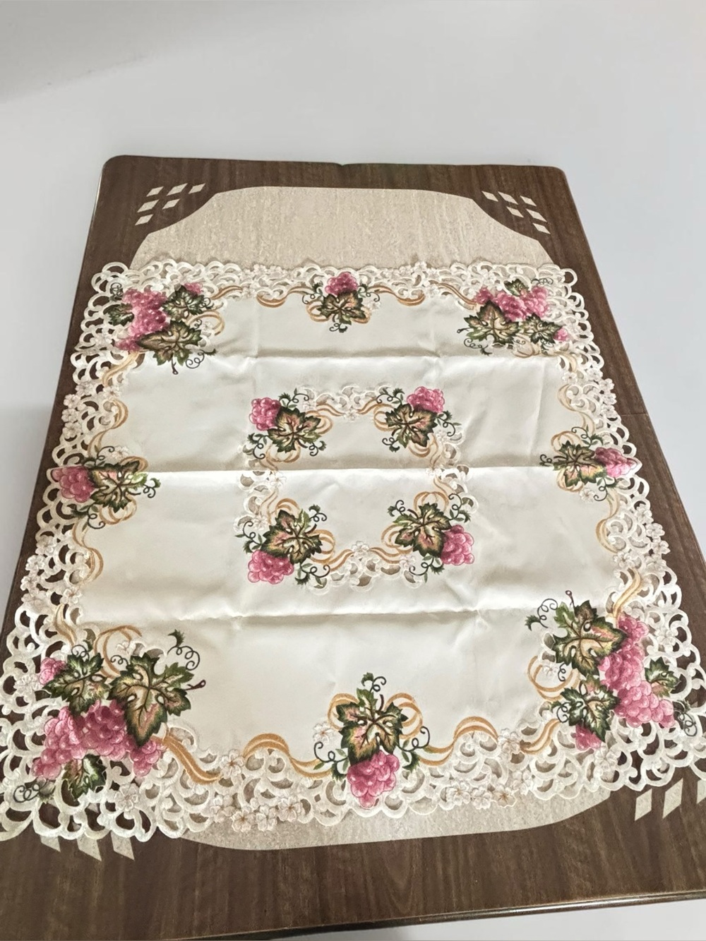 Vintage Embroidered Grape Lace Table Topper Square 34x34